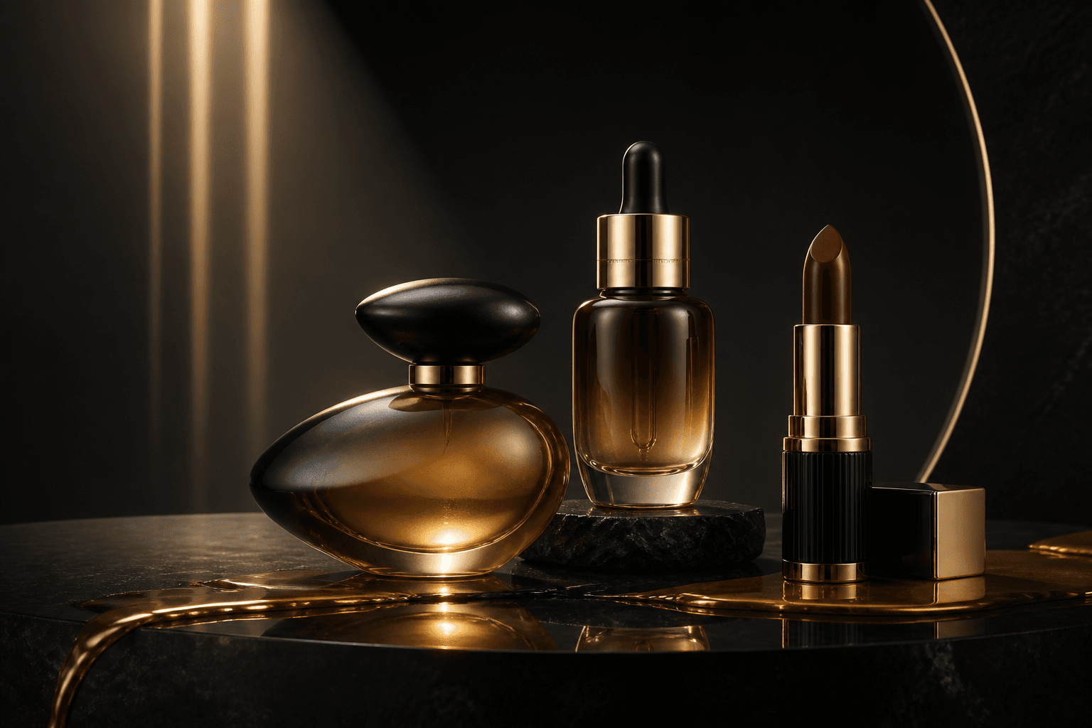 Sélection de parfums, soin et maquillage dans une lumière dorée
